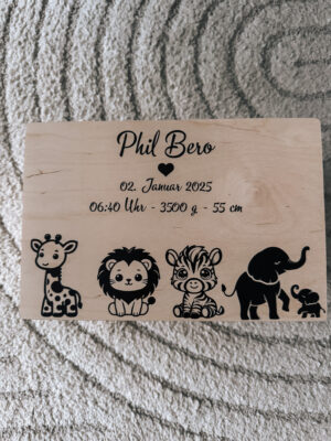 Erinnerungsbox mit Tiermotiven und Geburtsdaten